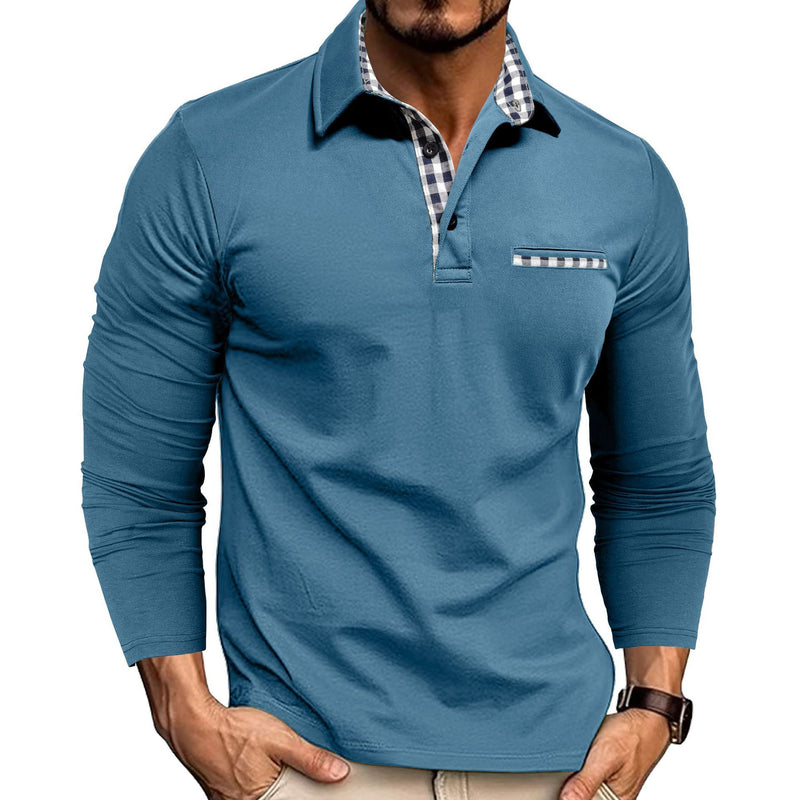 Casual Plaid Splicing Lapel Polo Shirt Fashion Solid Color Long Sleeve Top Men&