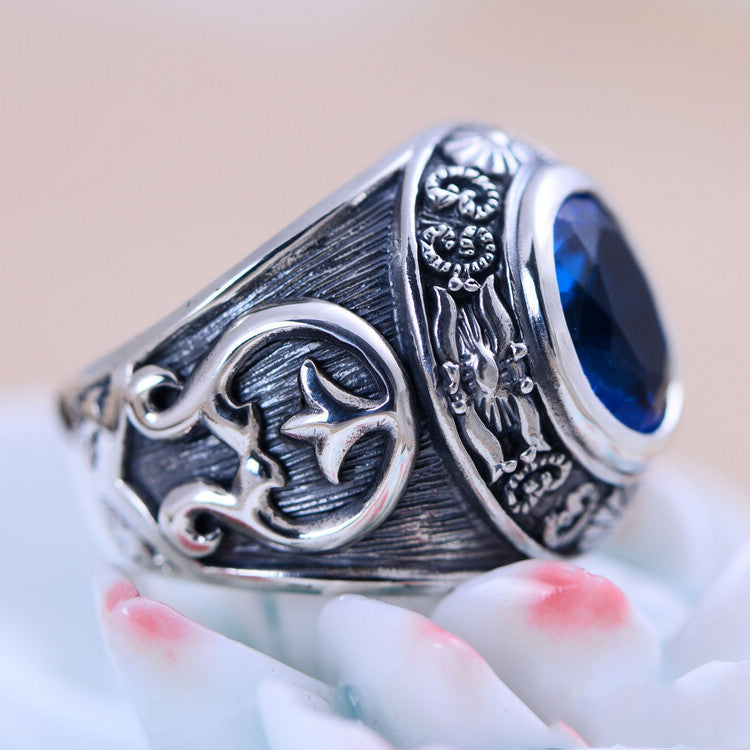 925 Silver Domineering Personalized Totem Synthesis Blue Crystal Men&