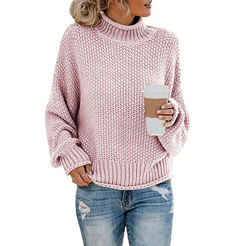 Solid Turtleneck Pullover Sweater Winter Fashion Casual Knitted Long-Sleeved Top Women&