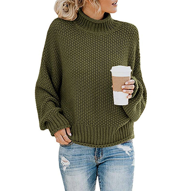 Solid Turtleneck Pullover Sweater Winter Fashion Casual Knitted Long-Sleeved Top Women&