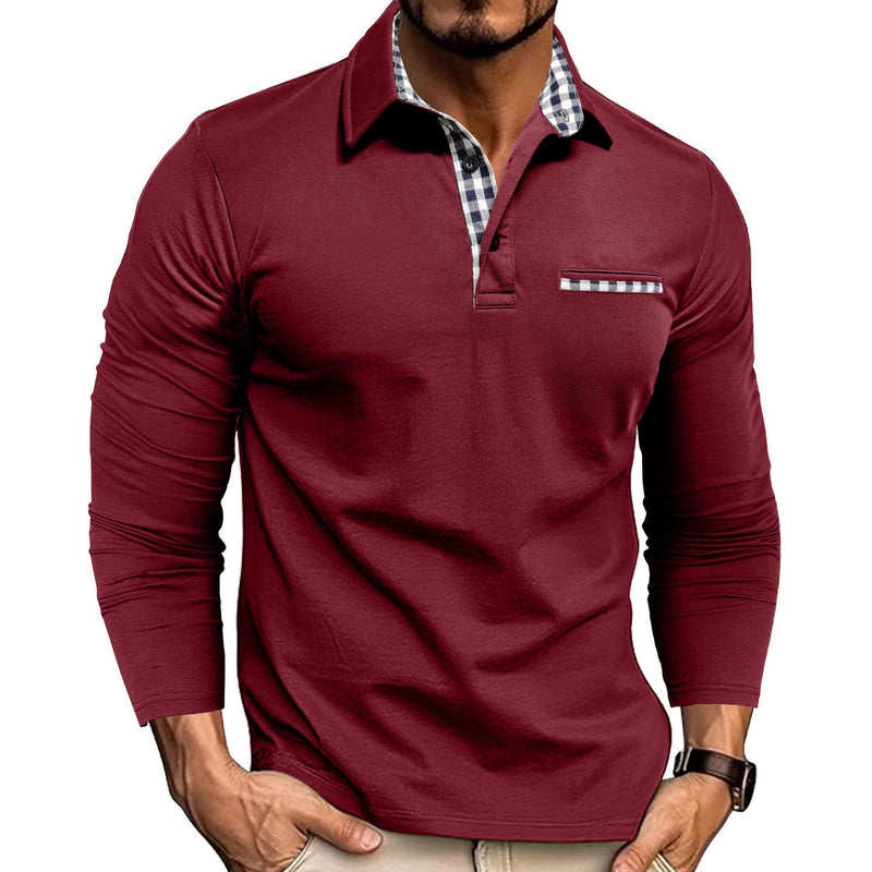 Casual Plaid Splicing Lapel Polo Shirt Fashion Solid Color Long Sleeve Top Men&