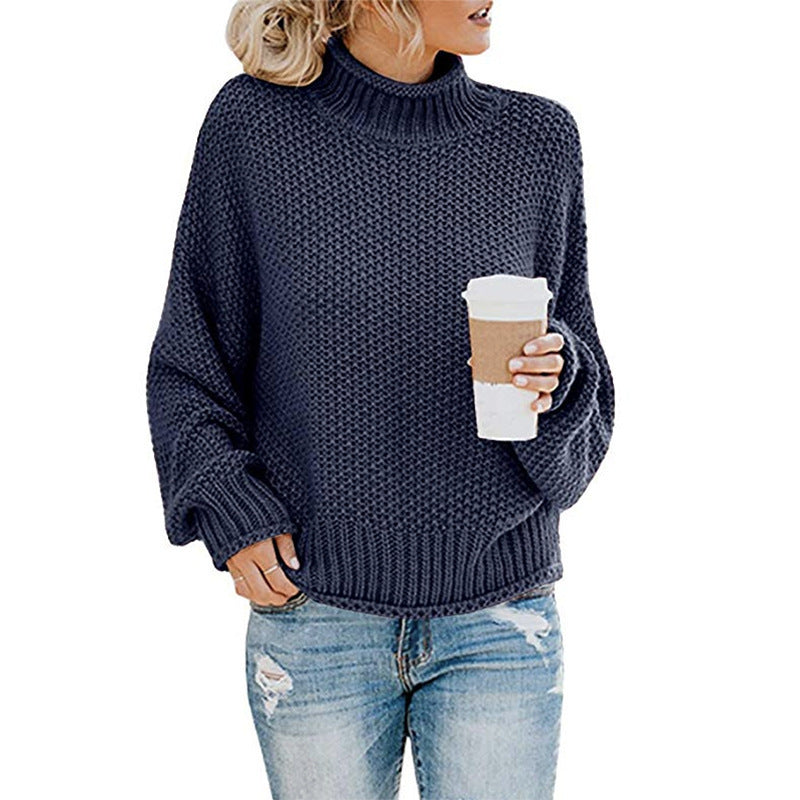 Solid Turtleneck Pullover Sweater Winter Fashion Casual Knitted Long-Sleeved Top Women&