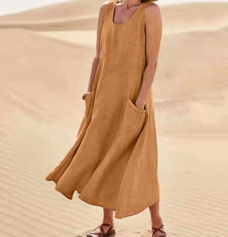 Summer Sleeveless Long Dress With Pockets Fashion Casual Loose Dresses Women&
