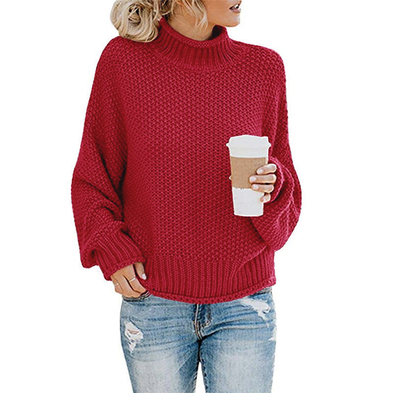 Solid Turtleneck Pullover Sweater Winter Fashion Casual Knitted Long-Sleeved Top Women&