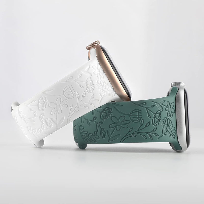 Stylish 2-Pack Floral Silicone Sport Bands for Apple Watch - Laser-Engraved Women&