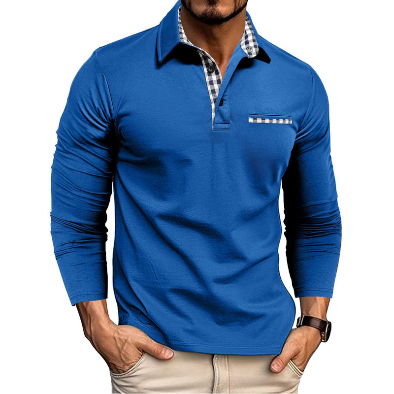 Casual Plaid Splicing Lapel Polo Shirt Fashion Solid Color Long Sleeve Top Men&