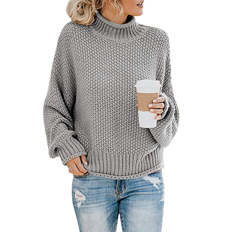 Solid Turtleneck Pullover Sweater Winter Fashion Casual Knitted Long-Sleeved Top Women&