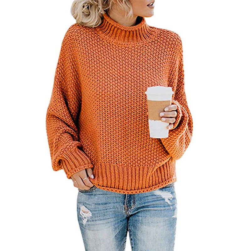 Solid Turtleneck Pullover Sweater Winter Fashion Casual Knitted Long-Sleeved Top Women&
