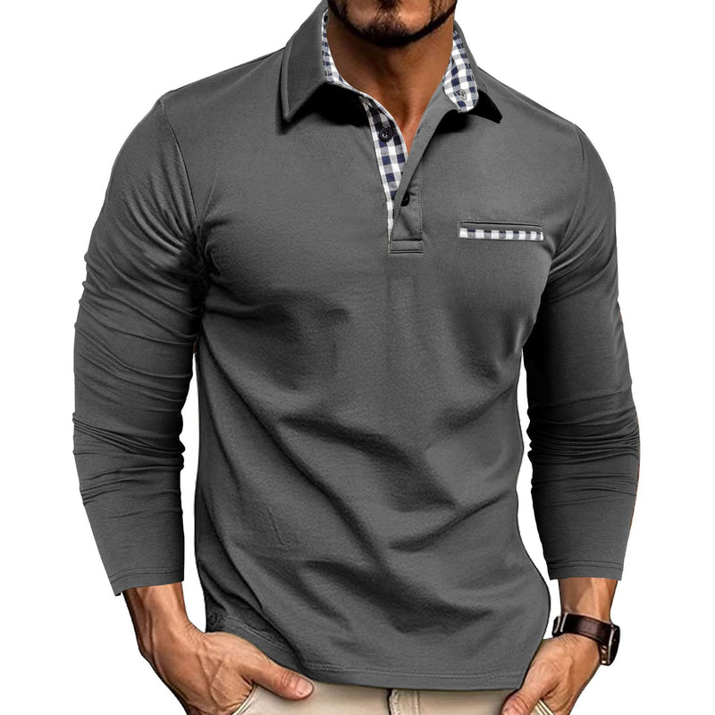 Casual Plaid Splicing Lapel Polo Shirt Fashion Solid Color Long Sleeve Top Men&