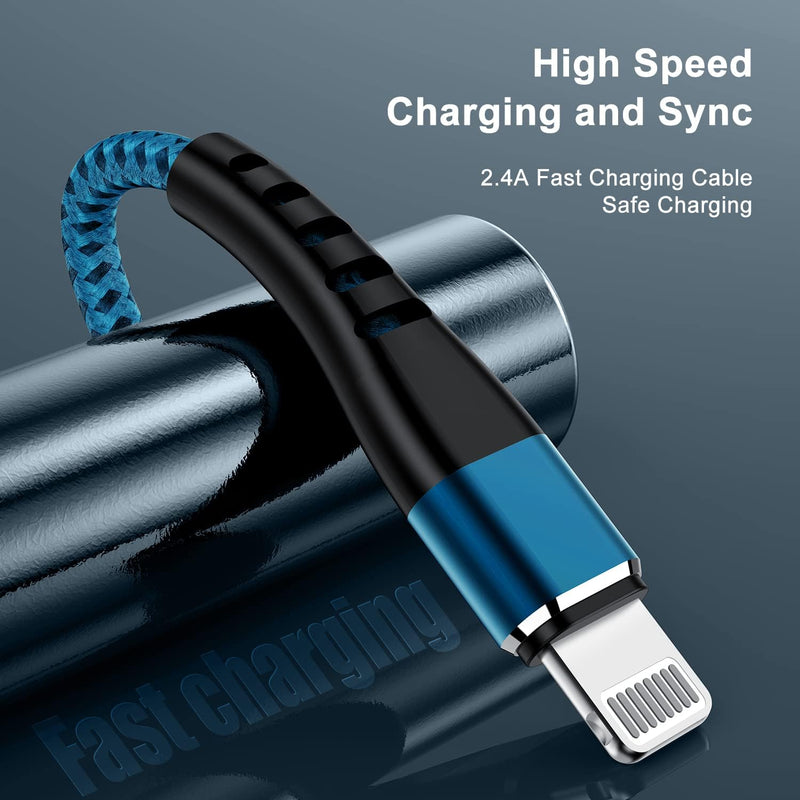 2-Pack 3FT Nylon Braided Lightning to USB Charging Cable for iPhone 14, 13, 12, 11, X, XS, XR, and iPad - Blue