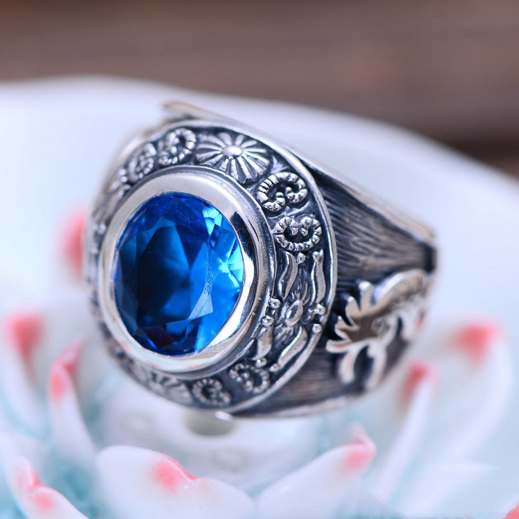 925 Silver Domineering Personalized Totem Synthesis Blue Crystal Men&