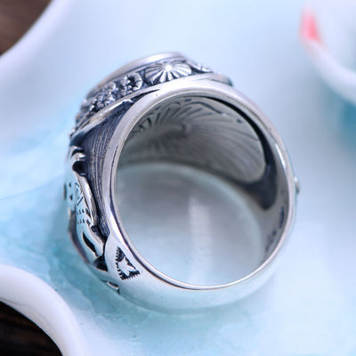 925 Silver Domineering Personalized Totem Synthesis Blue Crystal Men's Rings