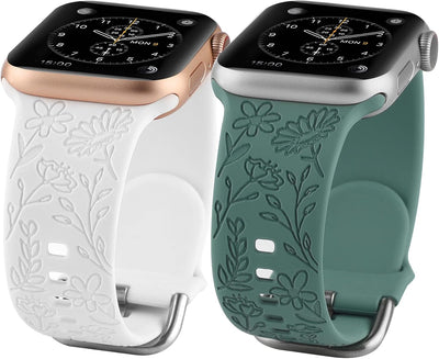 Stylish 2-Pack Floral Silicone Sport Bands for Apple Watch - Laser-Engraved Women's Wristbands Compatible with Series 1-10 & SE (38mm, 40mm, 41mm)