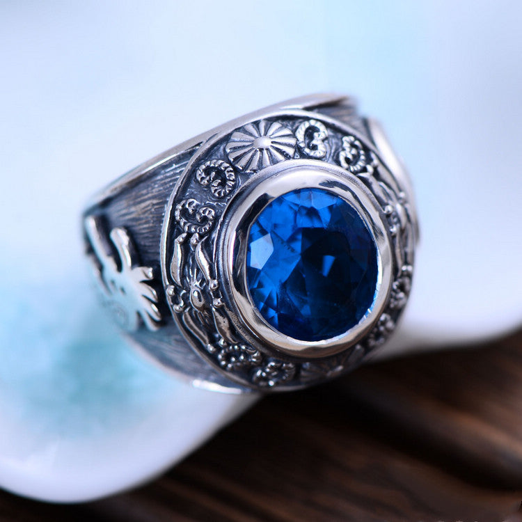 925 Silver Domineering Personalized Totem Synthesis Blue Crystal Men&