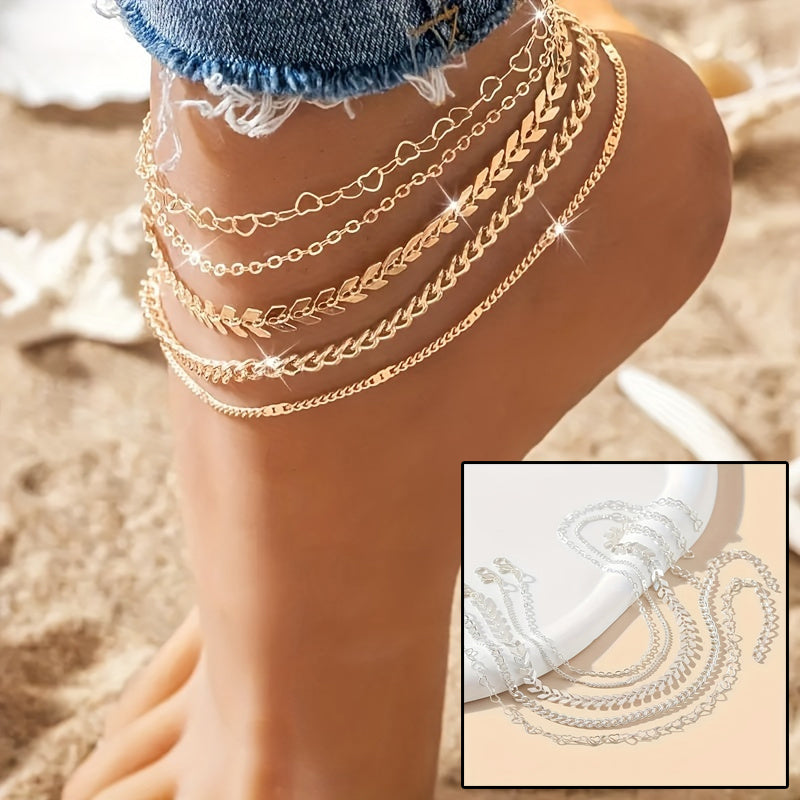 5Pcs Bohemian Airplane Chain Ankle Chain Fashion Design Heart-shaped Chain Anklets Women&