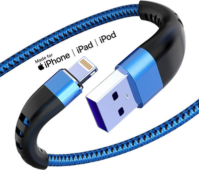 2-Pack 3FT Nylon Braided Lightning to USB Charging Cable for iPhone 14, 13, 12, 11, X, XS, XR, and iPad - Blue
