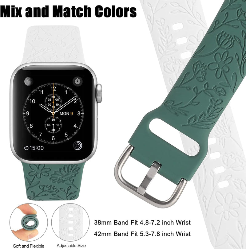 Stylish 2-Pack Floral Silicone Sport Bands for Apple Watch - Laser-Engraved Women&