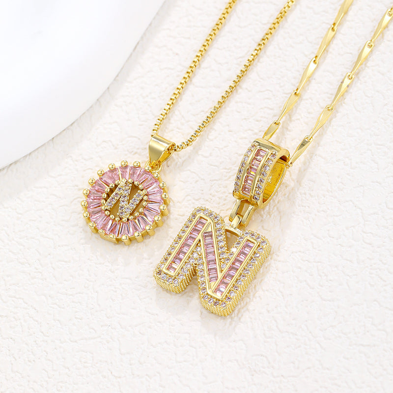 26 Letter Pendant Necklace Copper Inlaid Zirconium Plated Real Gold