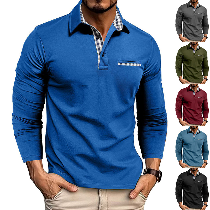 Casual Plaid Splicing Lapel Polo Shirt Fashion Solid Color Long Sleeve Top Men&