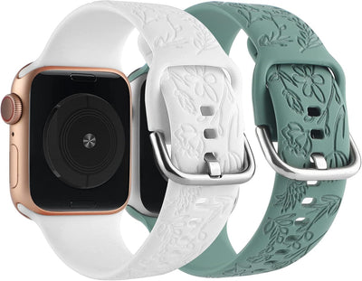 Stylish 2-Pack Floral Silicone Sport Bands for Apple Watch - Laser-Engraved Women's Wristbands Compatible with Series 1-10 & SE (38mm, 40mm, 41mm)