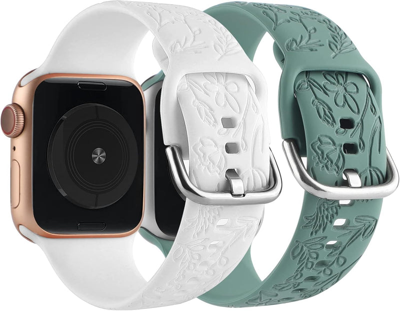 Stylish 2-Pack Floral Silicone Sport Bands for Apple Watch - Laser-Engraved Women&