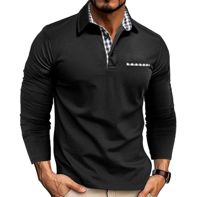 Casual Plaid Splicing Lapel Polo Shirt Fashion Solid Color Long Sleeve Top Men's Clothing