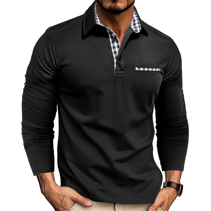 Casual Plaid Splicing Lapel Polo Shirt Fashion Solid Color Long Sleeve Top Men&