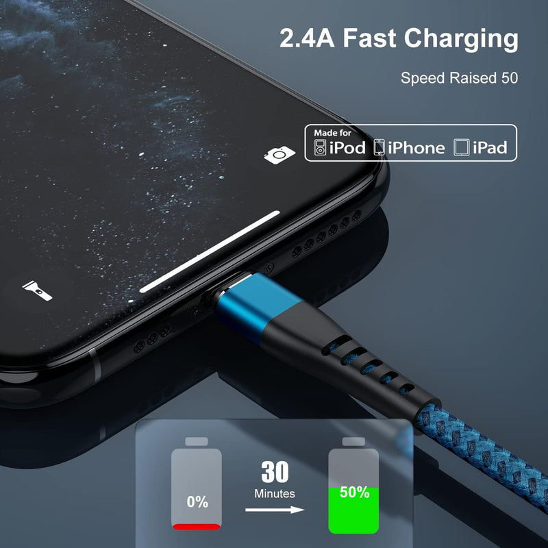 2-Pack 3FT Nylon Braided Lightning to USB Charging Cable for iPhone 14, 13, 12, 11, X, XS, XR, and iPad - Blue