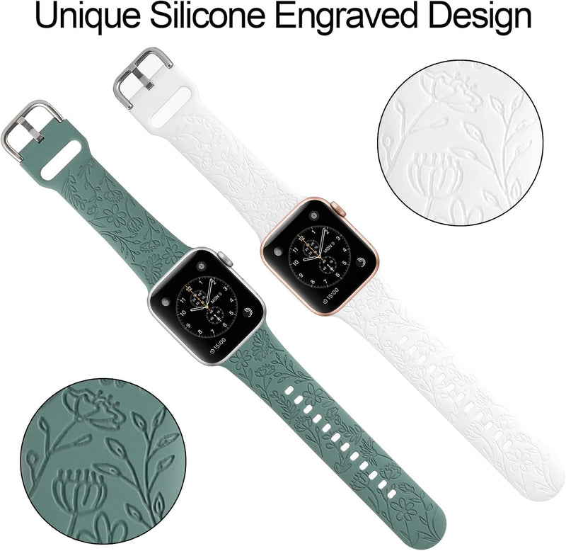 Stylish 2-Pack Floral Silicone Sport Bands for Apple Watch - Laser-Engraved Women&
