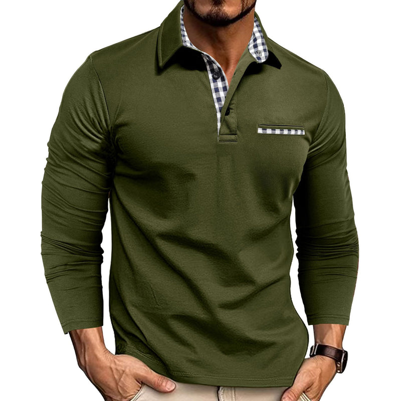 Casual Plaid Splicing Lapel Polo Shirt Fashion Solid Color Long Sleeve Top Men&